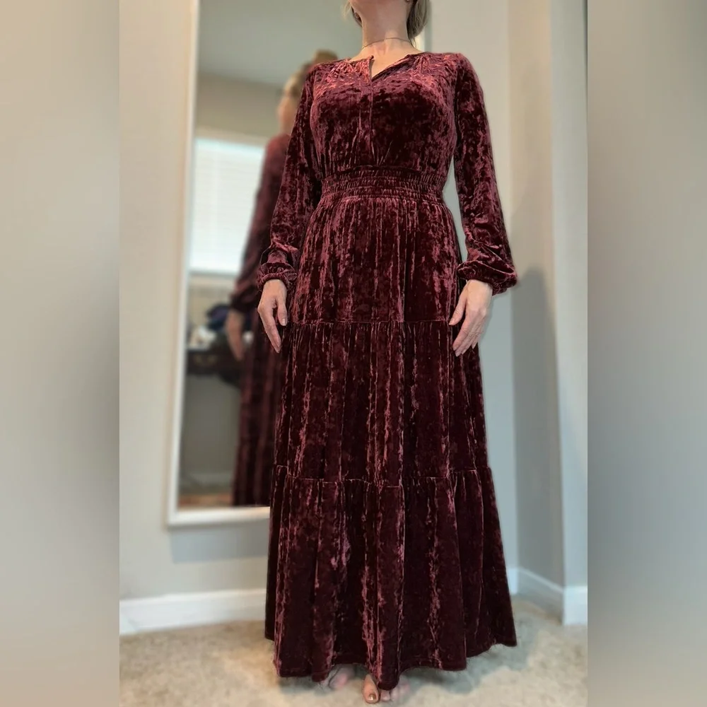 Belle by Kim Gravel Red Ruched Long Sleeve Gown - Picture 12 of 13